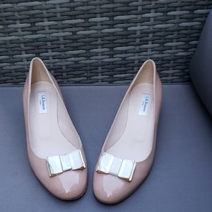 L.K Bennett nude patent leather metal bow pumps